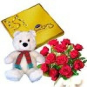 Red roses, Celebrations chocolates, 6-inch teddy bear.