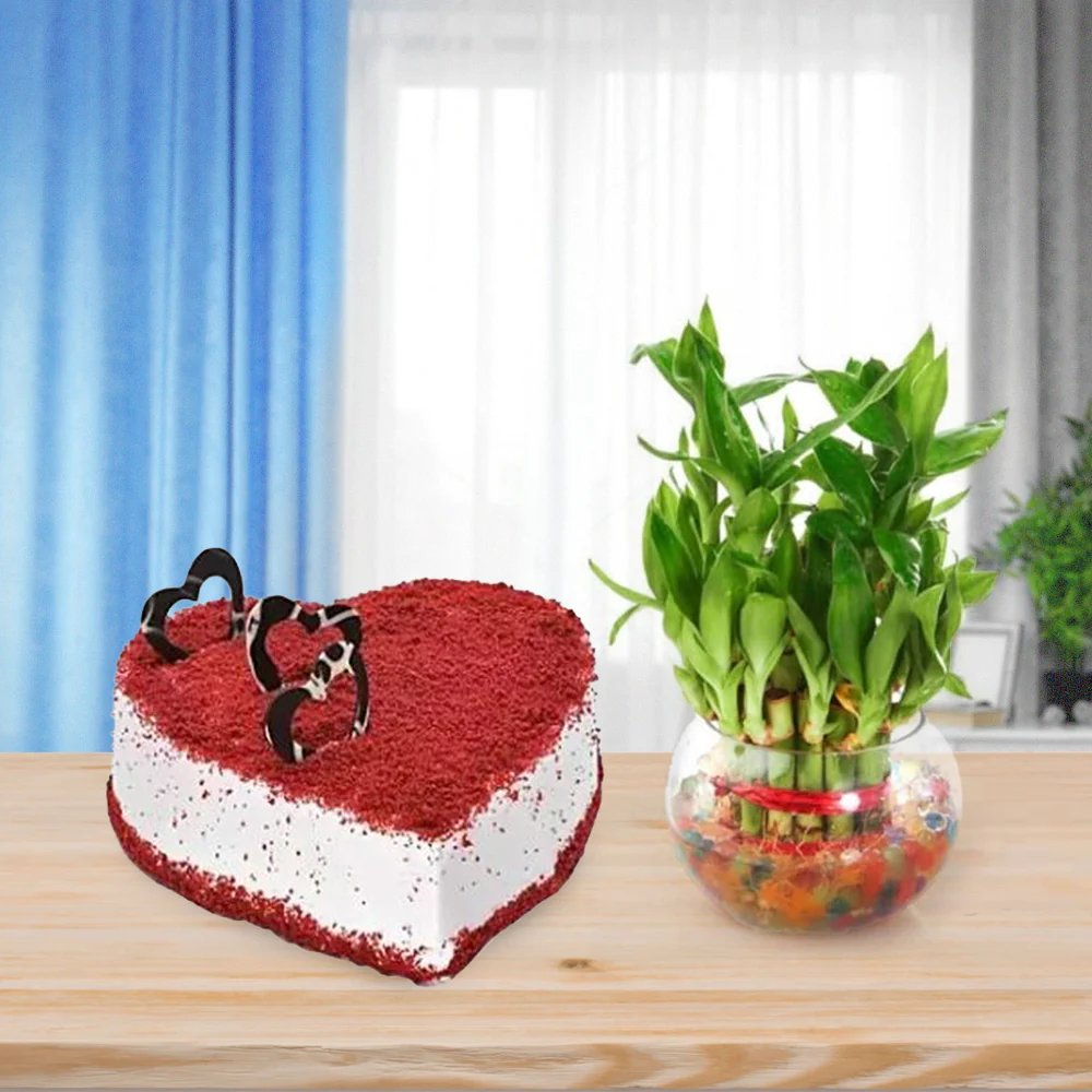 Bamboo-n-cake Bamboo and Heart-Shaped Cake combination