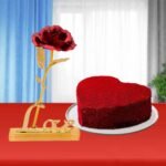 Red Rose in Love Stand & Heart-Shaped Red Velvet Cake - Half Kg
