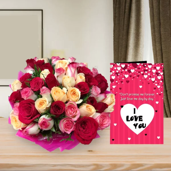 40 mixed roses and greeting card - Coimbatore Gifts Flowers